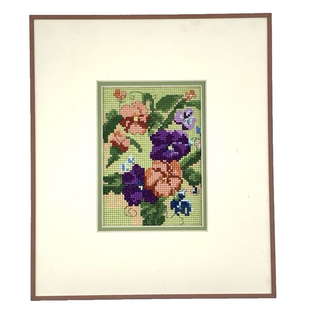 Vintage Framed Cross Stitch “A Tisket A Tasket” Floral Pansies Wall Art NOS